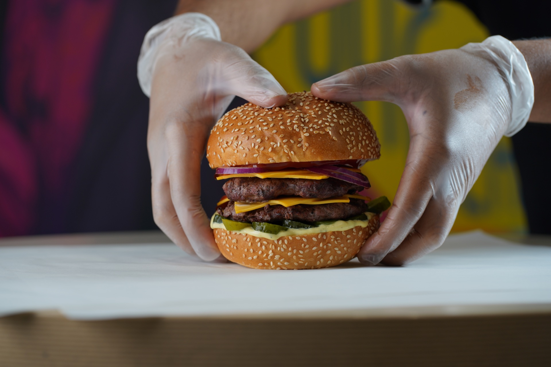 El Burgerritos double beef burger held fresh from the kitchen